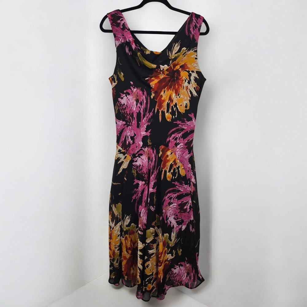 Signature by Robbie Bee Midi Dress Woman Size 14 Black Floral Print V Neck Lined - Picture 2 of 13